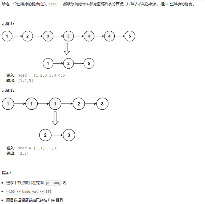 82-删除排序链表中的重复元素 II-题目描述-1734448781269